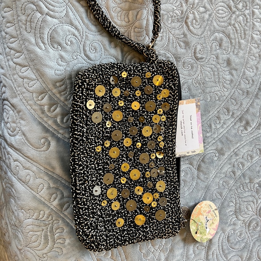 NWT, The Sak Hand-Crocheted Wristlet Black Multi with Sequins